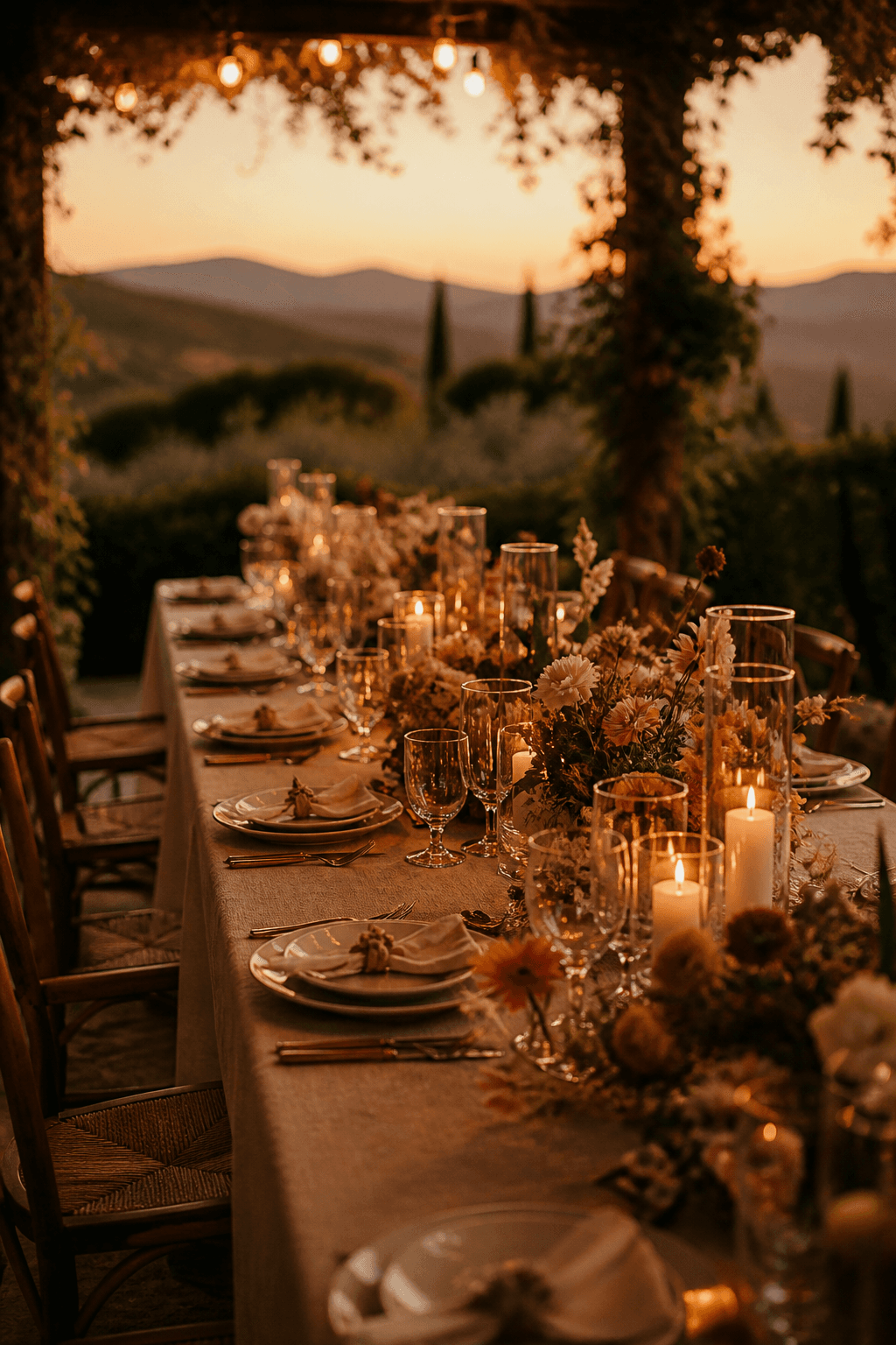 A candlelit wedding table at golden hour