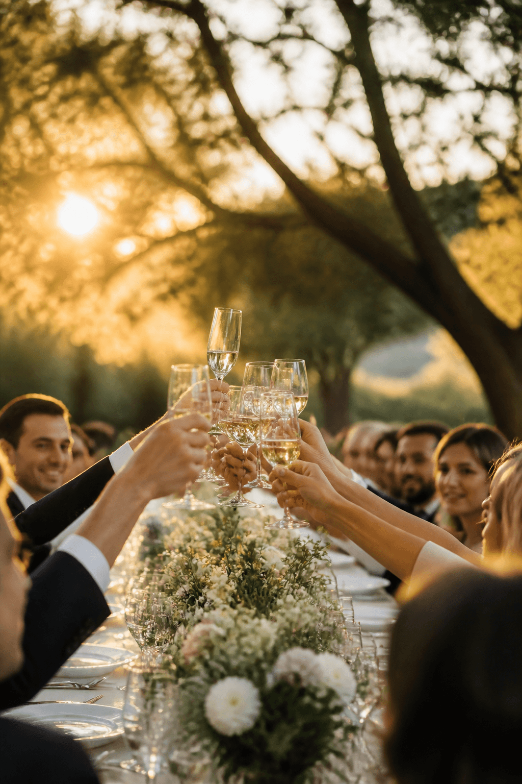 Hands raising glasses in a warm evening toast